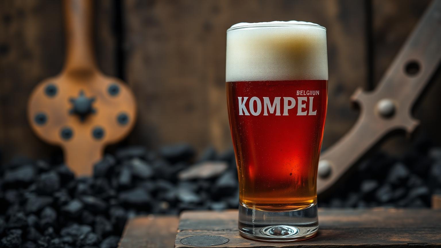 Amber Kompel-bier op een rustieke achtergrond met steenkool en mijntools