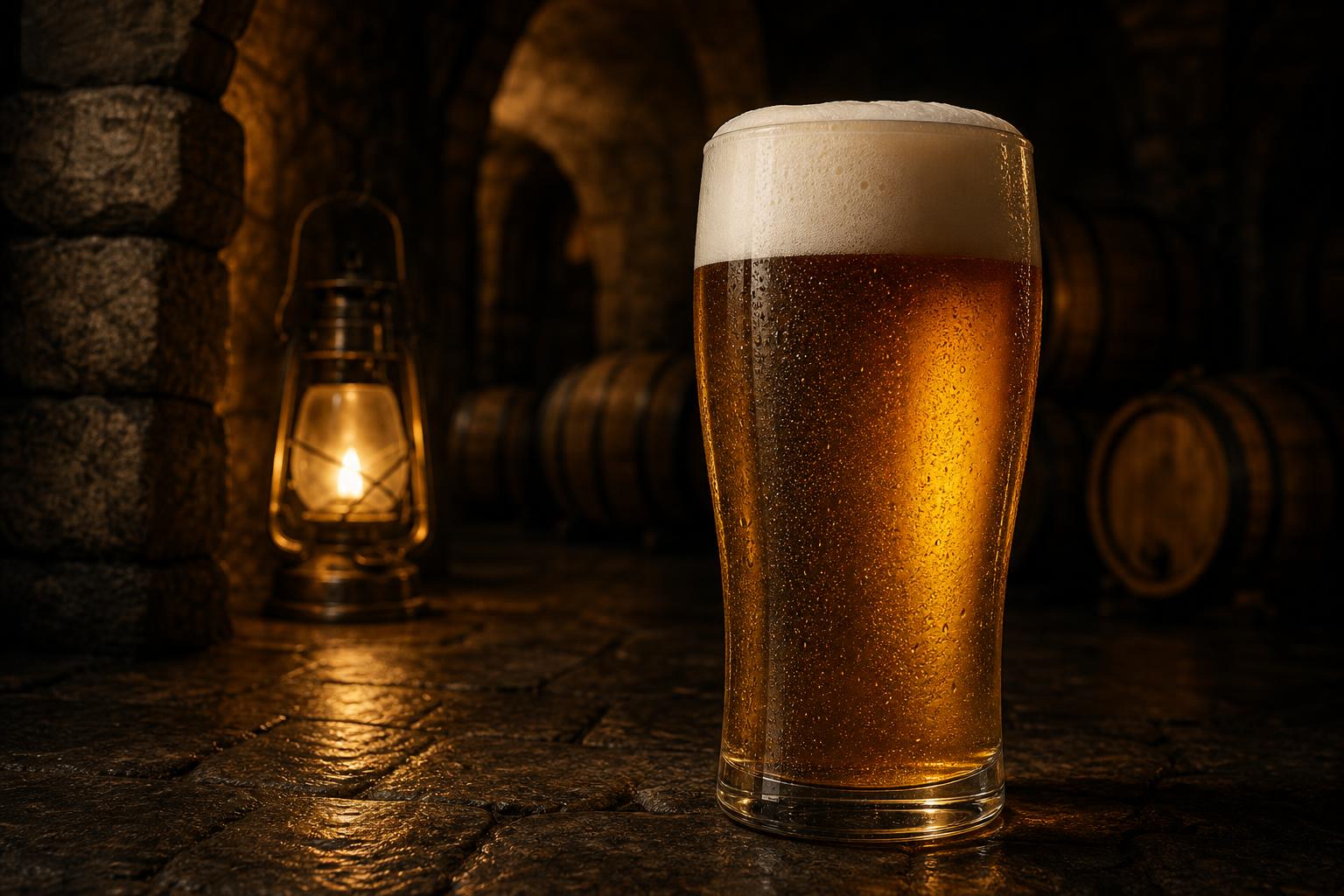 Koud Belgisch bier met dikke schuimkraag in een sfeervolle kasteelkelder