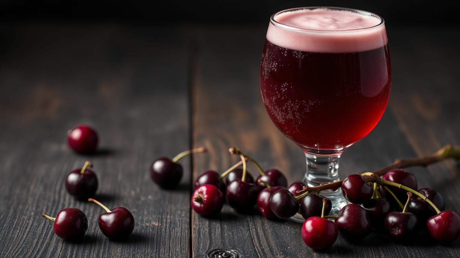 Dieprode Ter Dolen Kriek met verse kersen op donker hout